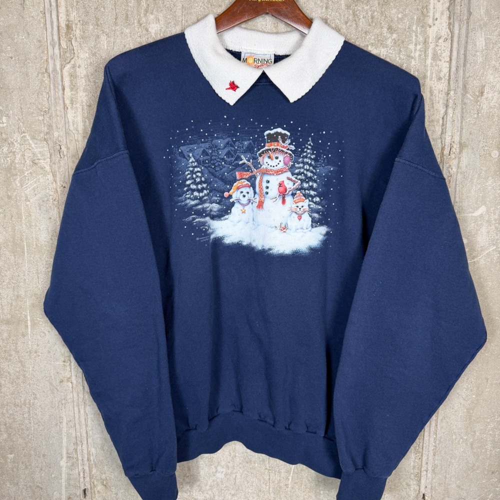 Vintage Morning Sun‎ Snowman Dog Cat Navy Blue Collared Sweatshirt Womens XL